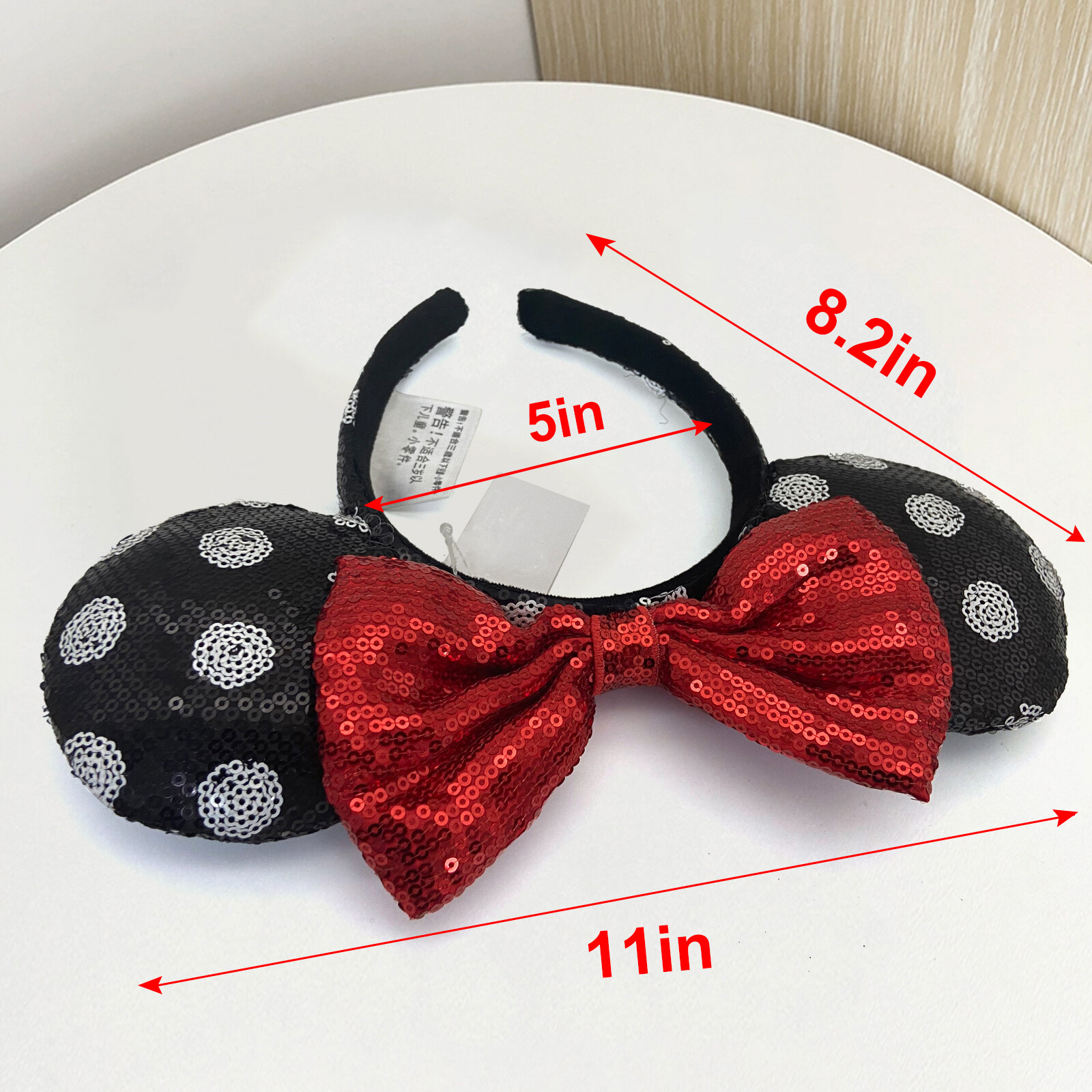 Disney- Parks Minnie Ears Black White Polka Dot Sequin Red Bow Classic Headband
