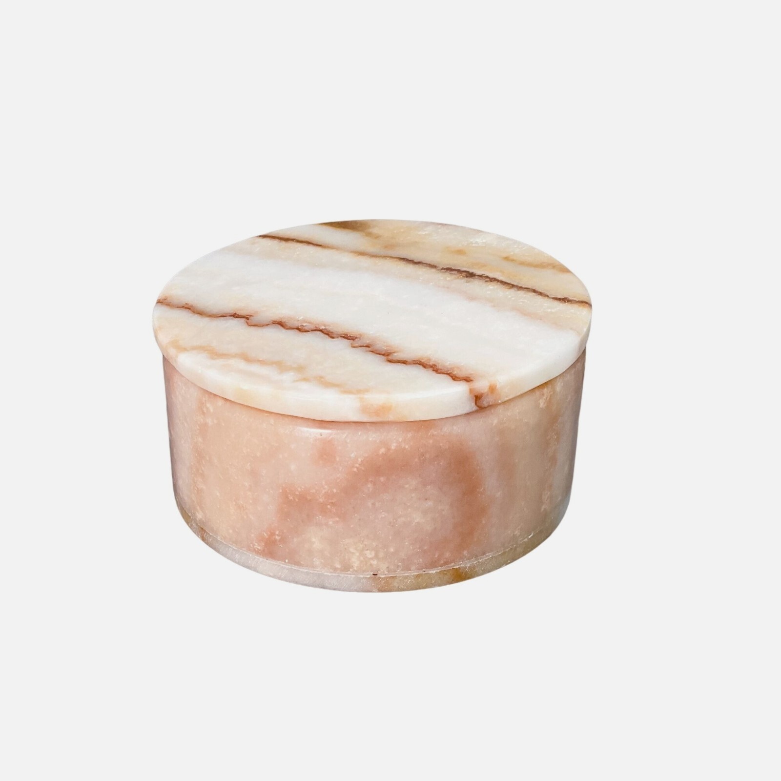 Onyx Round Box w Lid Handcrafted w Earth Tones Natural Veining, Diameter 3.5 in.