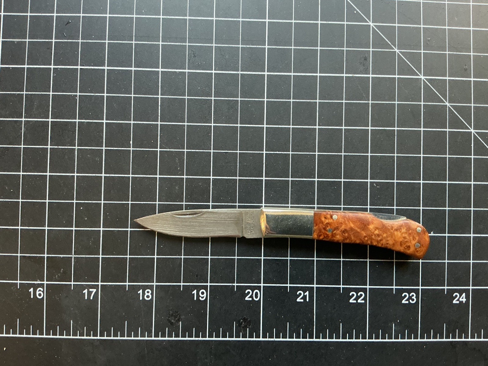 Tak Fukuta SM-353 Damascus Hand Made Drop Point Lockback Pocket Knife Burl Wood