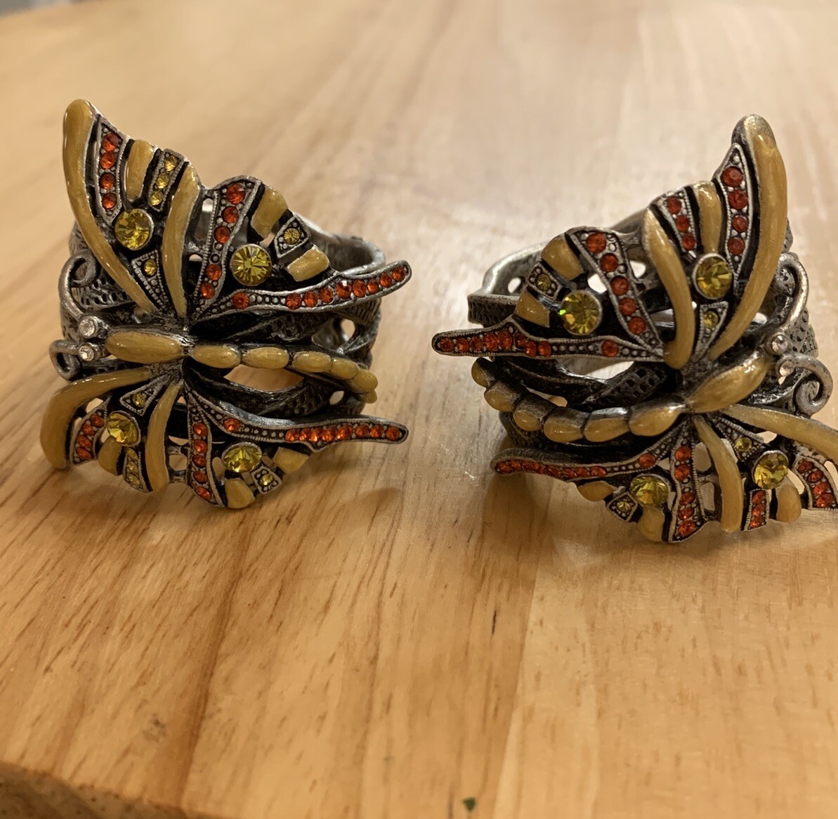 Kirk’s Folly Crystal & Enameled Set of 2 Butterfly Napkin Rings Silver-tone EUC