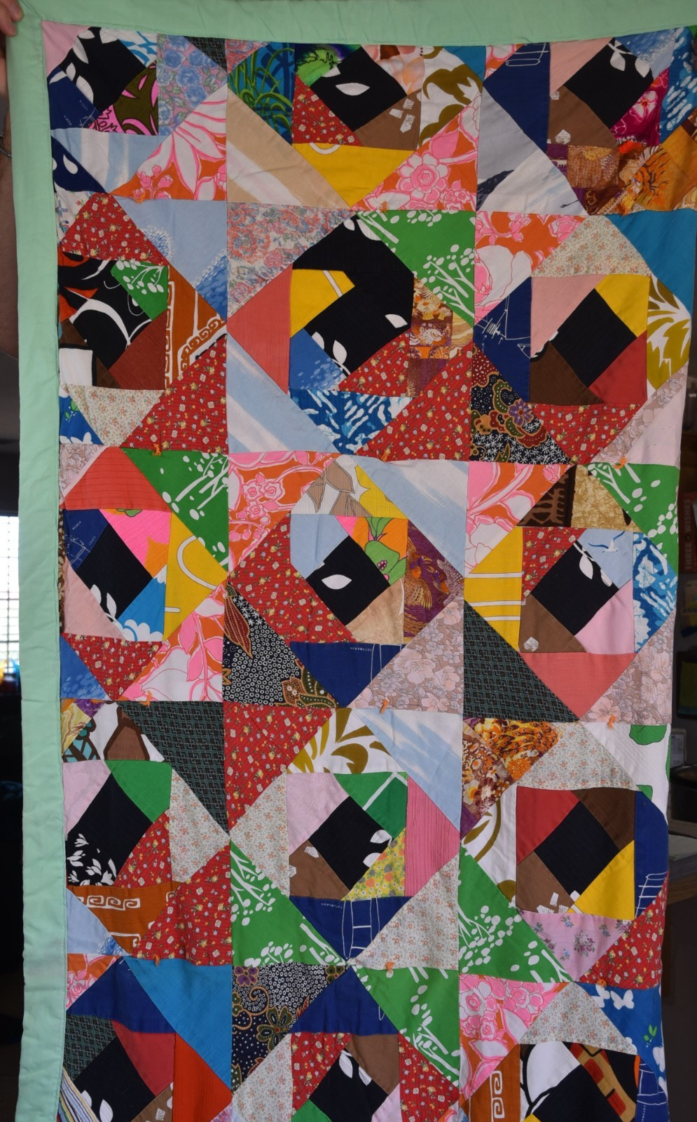 Vintage Patchwork Quilt Farmhouse Handmade Topper Solid Back Colorful Country