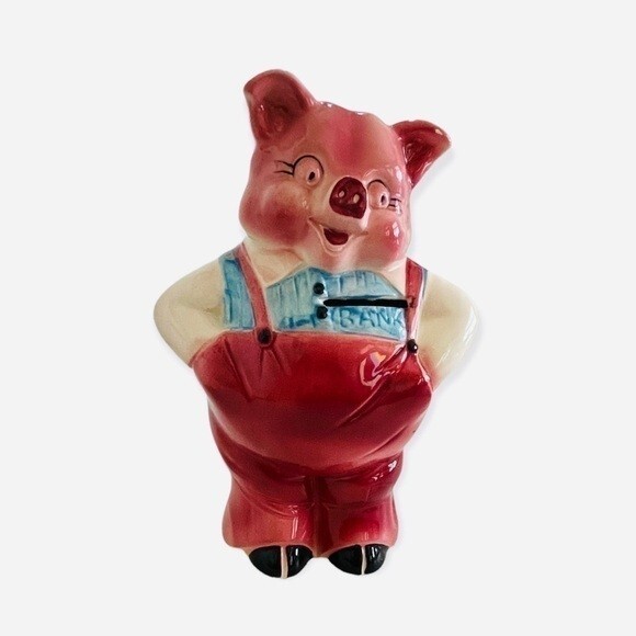 Vintage Pink Ceramic Piggy Bank Hand Painted Japan 7″ Collectible Coin Bank Rare