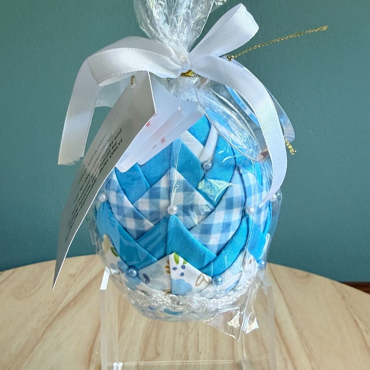 Handmade Quilted Egg Ornament Folded Fabric Blue White Lace Pins w Stand Sealed