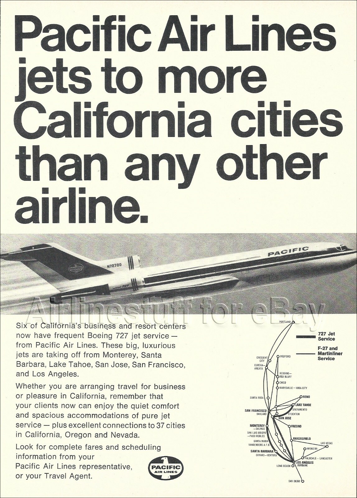1966 PACIFIC Air Lines BOEING 727-200 PRINT AD airways advert BONANZA WEST COAST