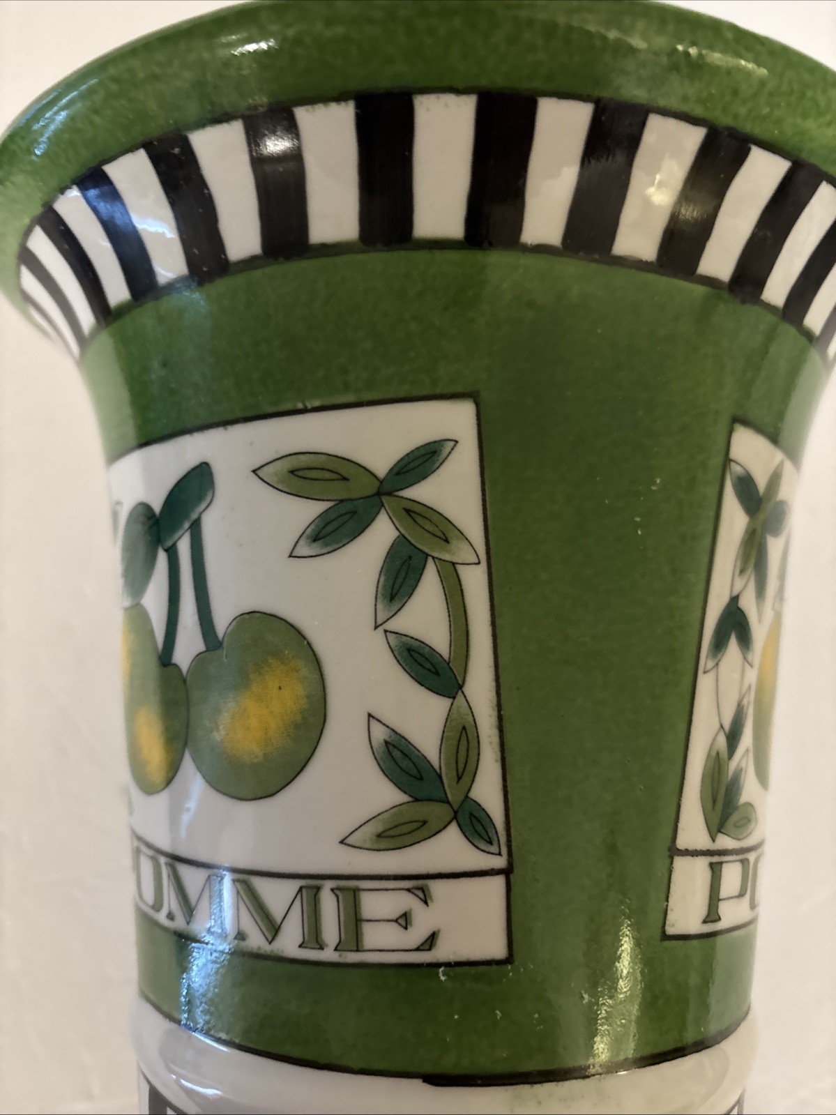 Vtg Ceramic Planter POMME French For Apple 8×8.25” Striped Black White Green