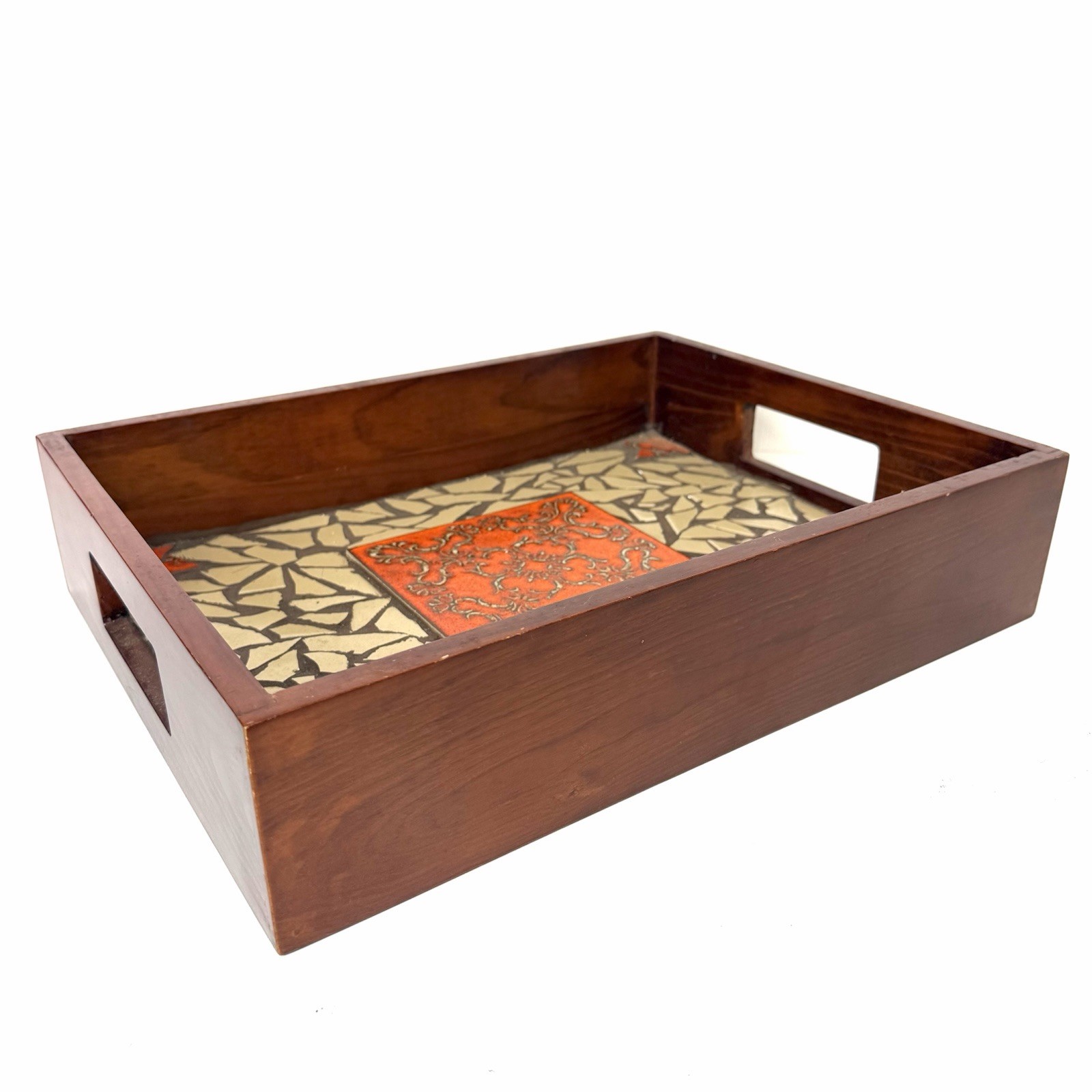 Vintage Teak Wood Serving Tray w/ Mosaic Tile Inlay & Handles 16×12”