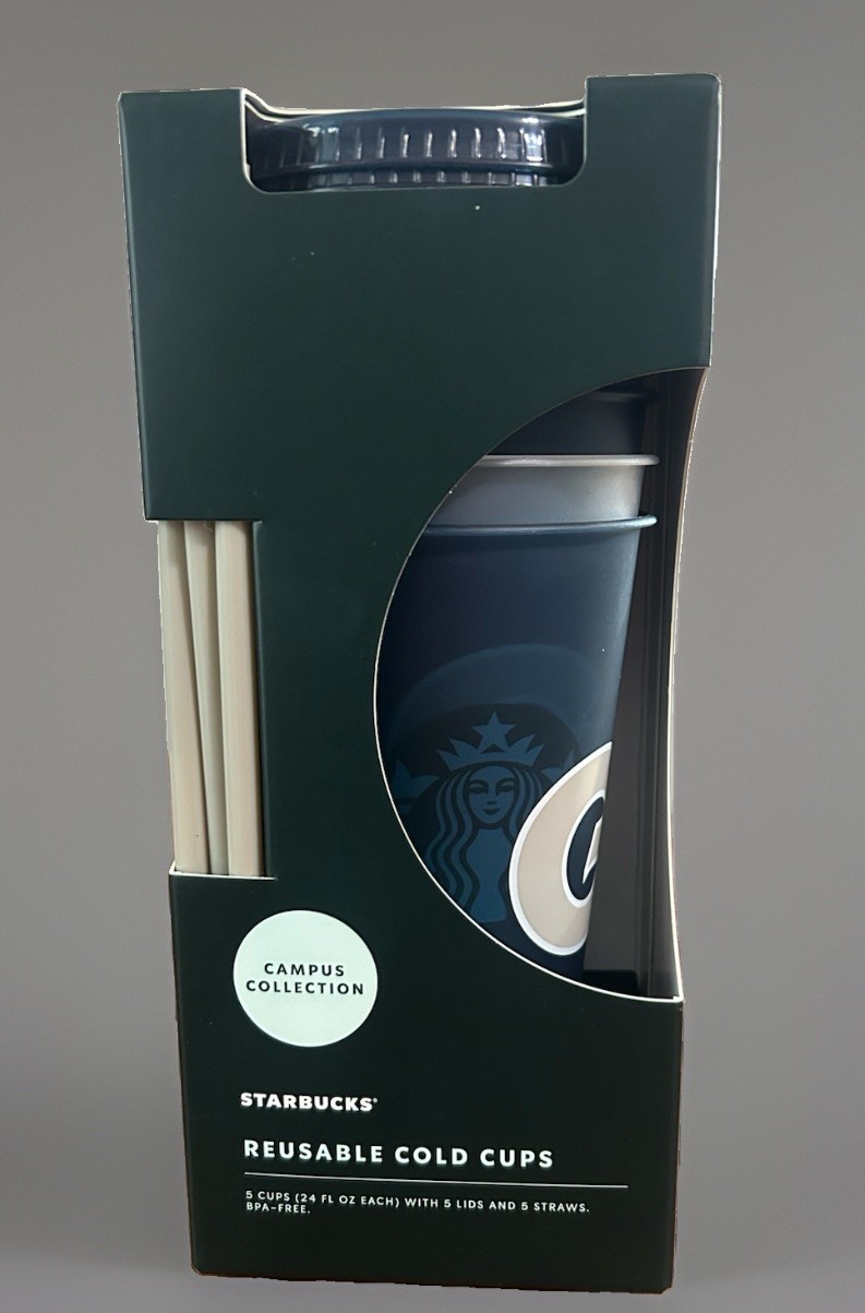 Starbucks UGA 24oz Reusable Cold Cup Set 5 Lids Straws New