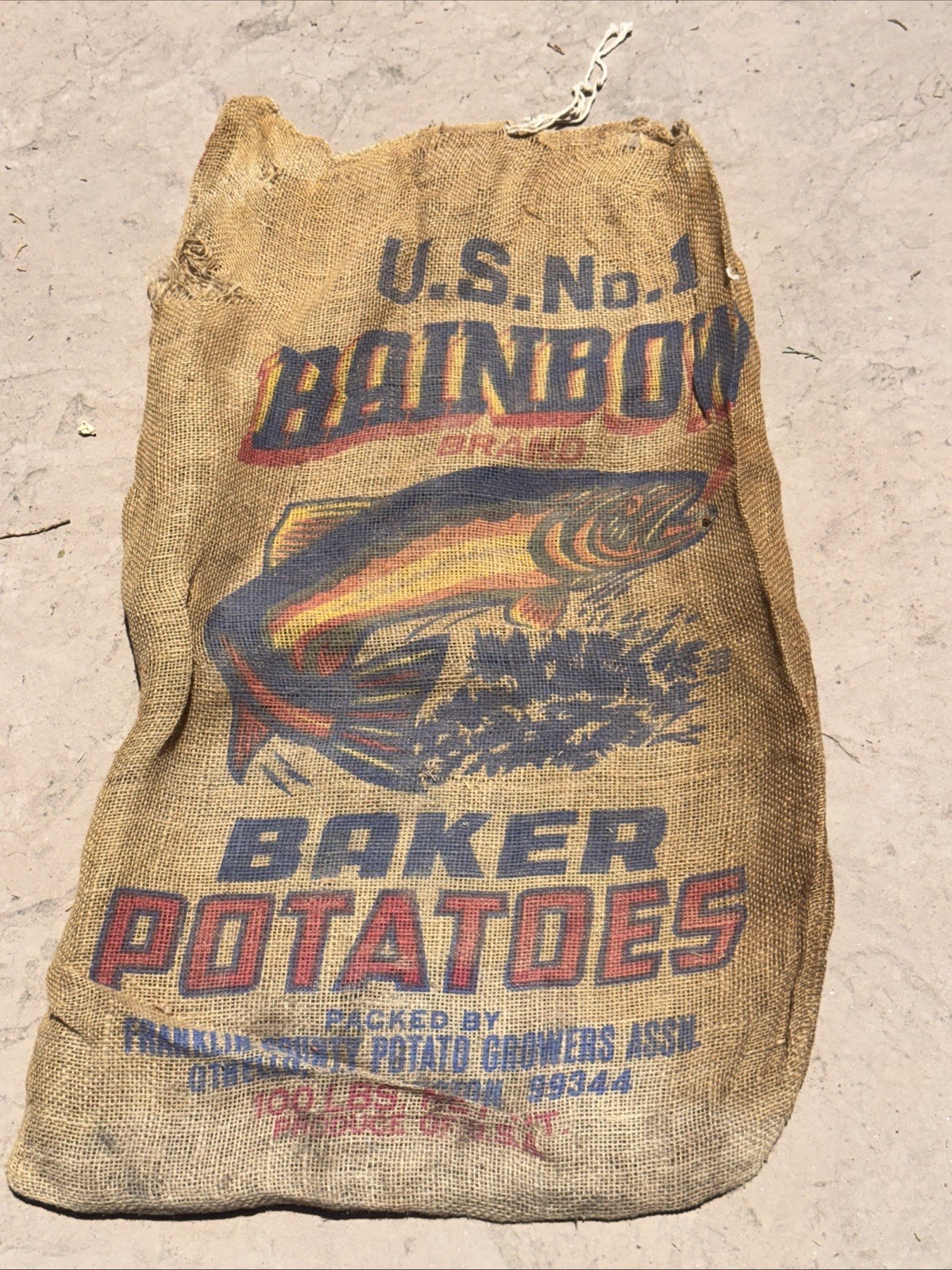 VTG Rainbow Trout Baker Washington Potatoes Burlap Bag 100 lbs Gunny Sack Rare