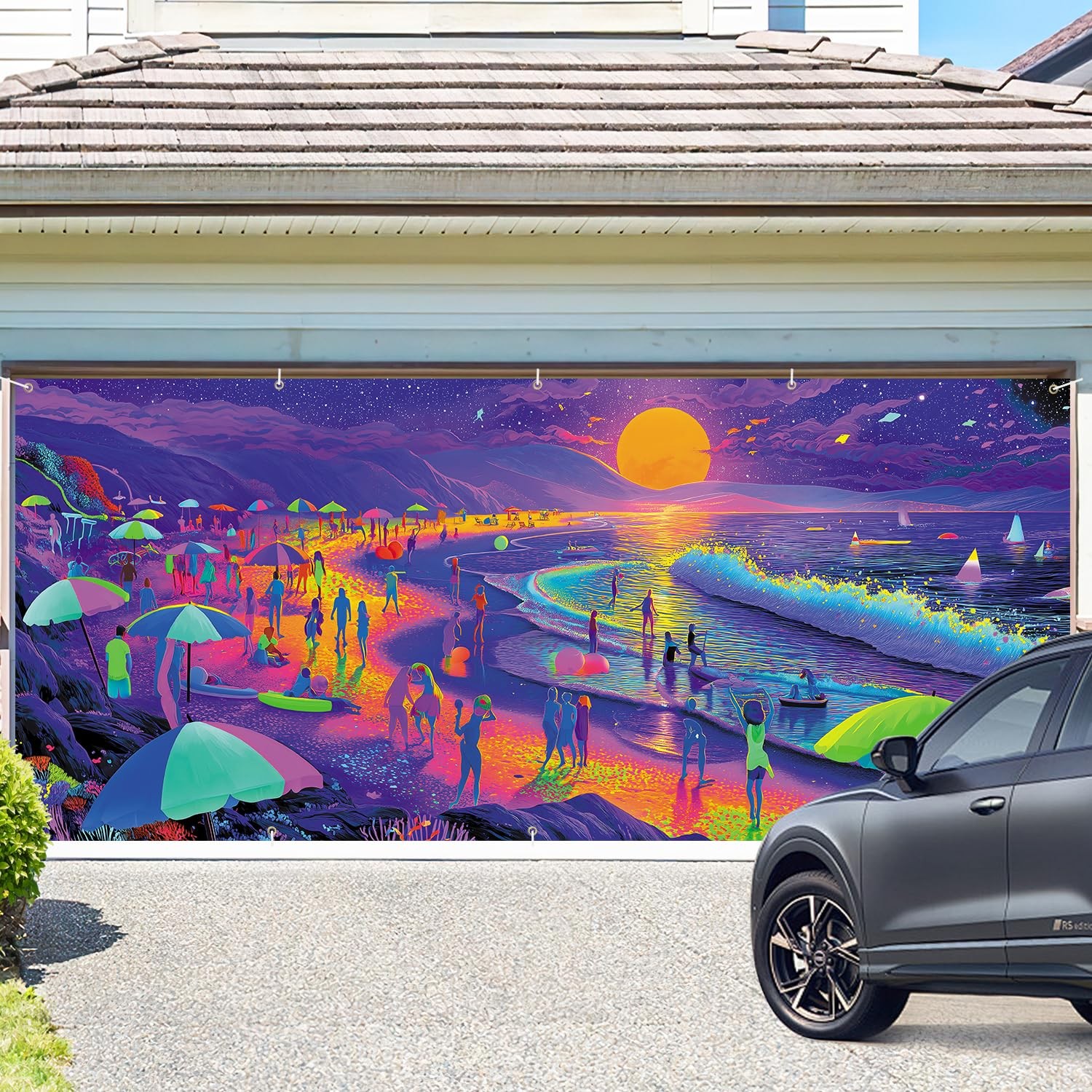 Summer Garage Door Banner 7x16FT, Beach Garage Door Cover with Sunset Ocean W…