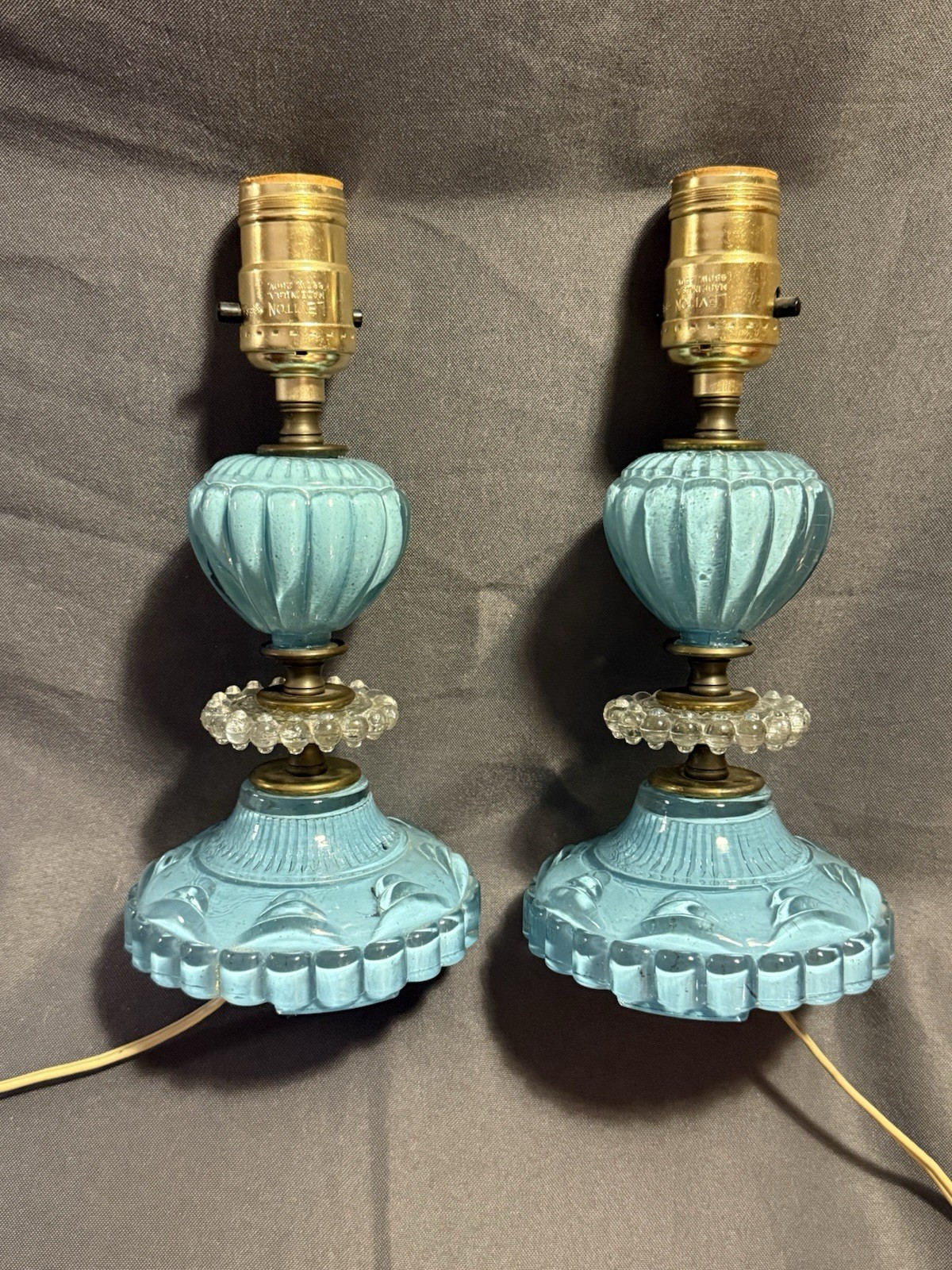 PAIR Vintage Lightning Light Blue & Clear Glass Lamps