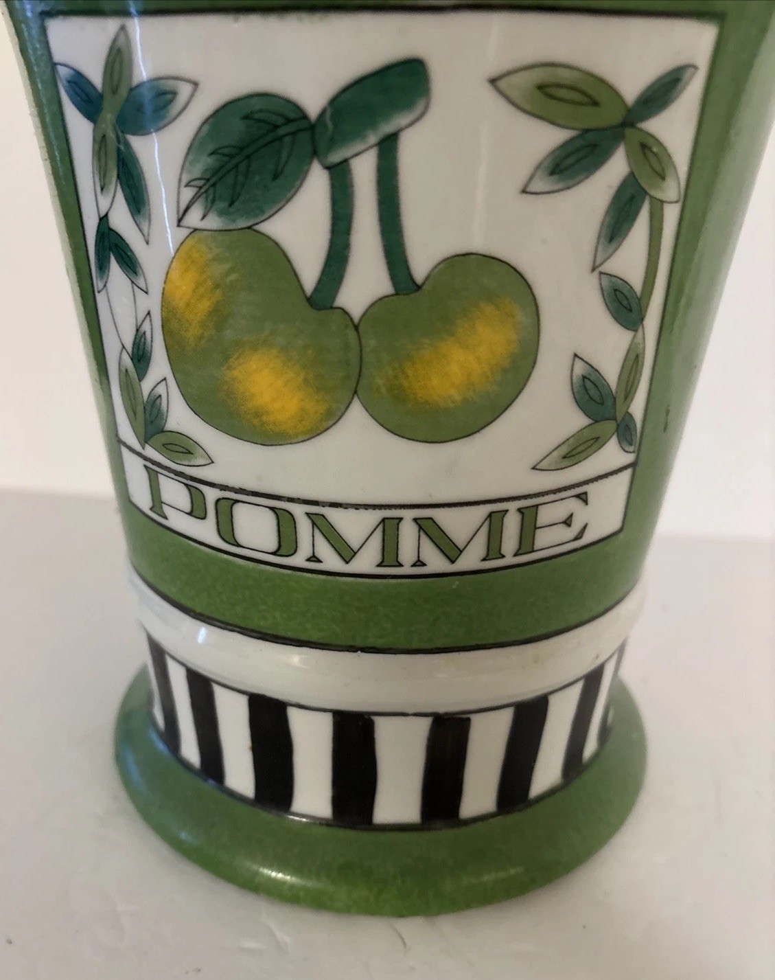 Vtg Ceramic Planter POMME French For Apple 8×8.25” Striped Black White Green