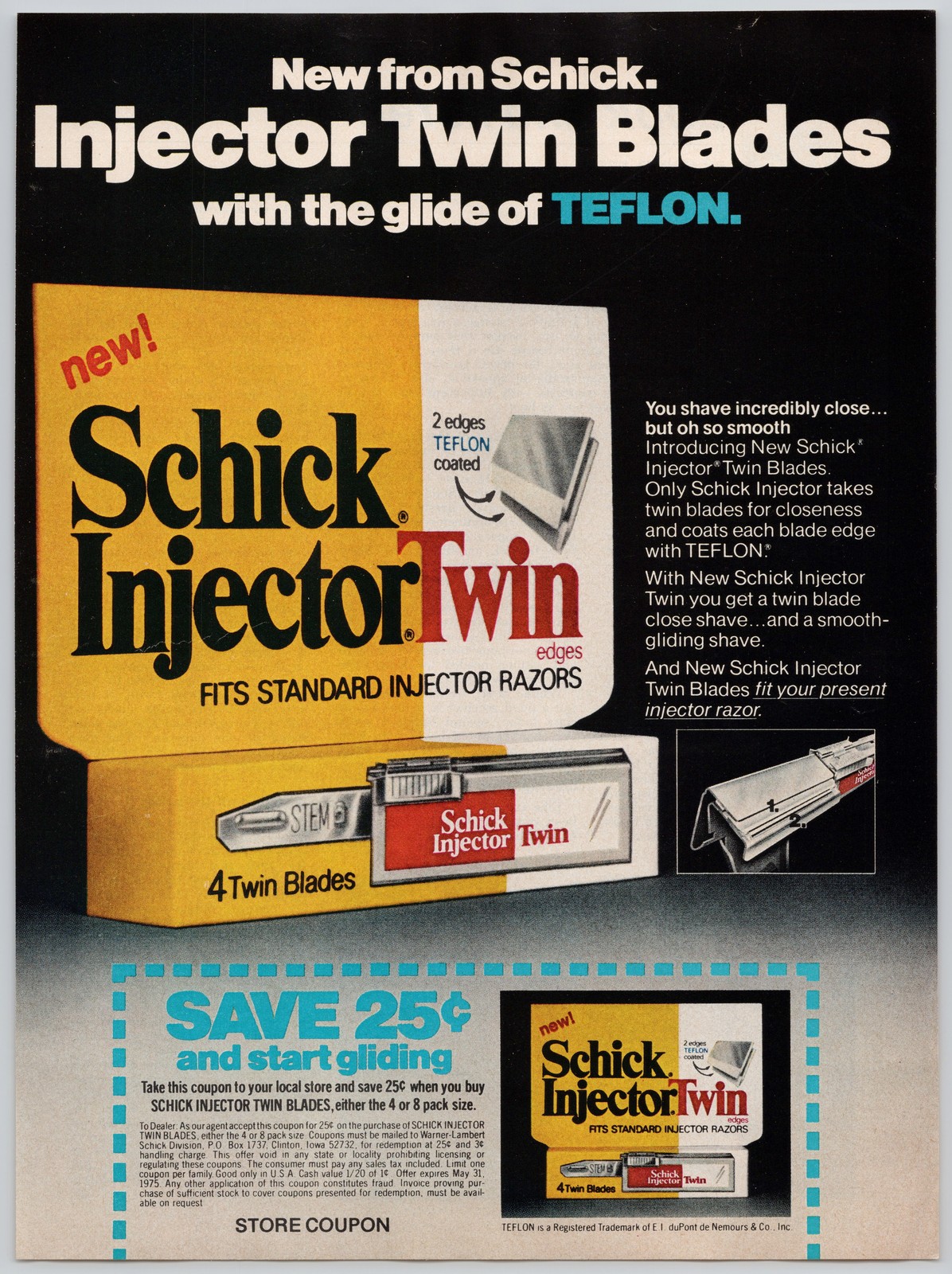 Schick Injector Twin Blades Teflon Razors Smooth Gliding 1975 Vintage Print Ad
