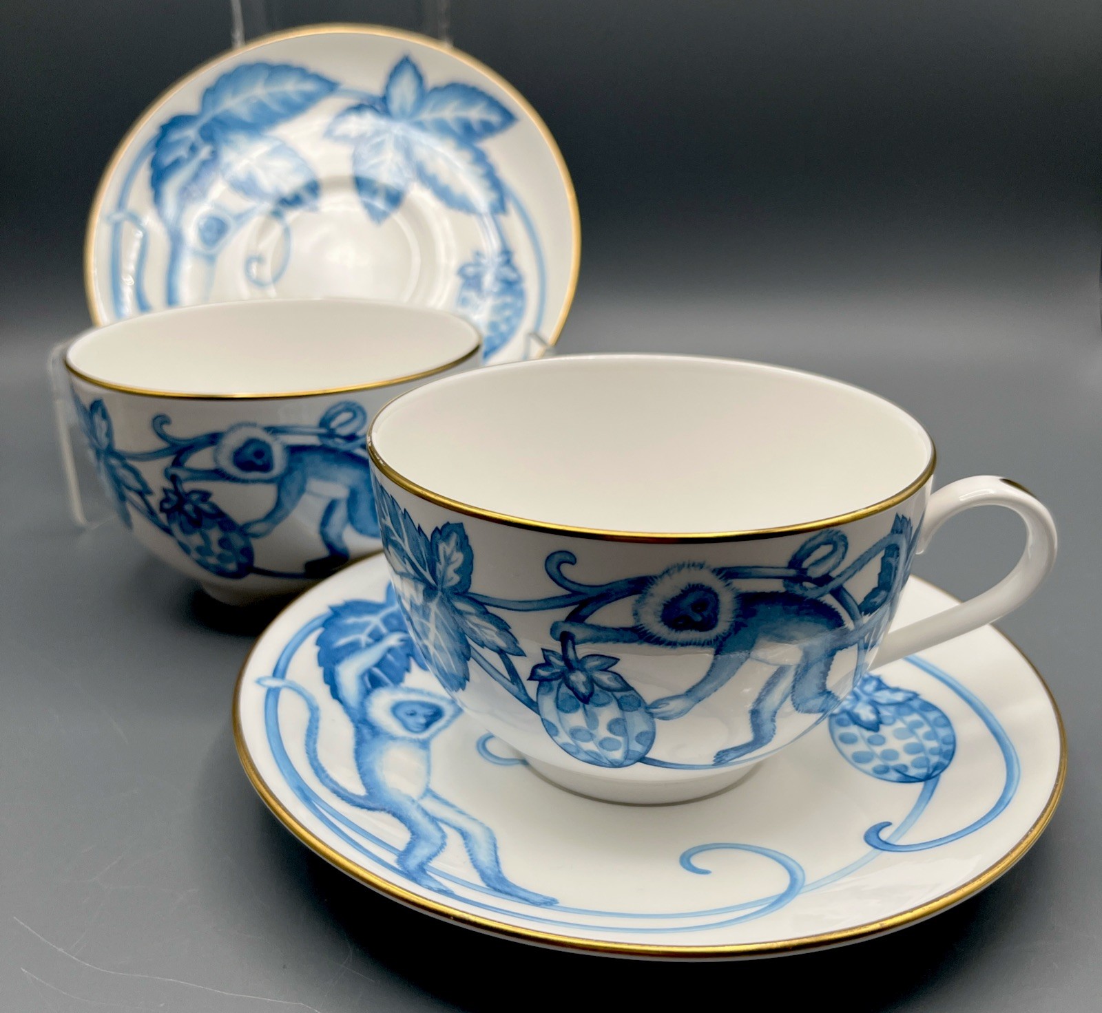 2 Royal Worcester Blue Monkey Tea Cup & Saucer Gold Trim Chinar Link Design 2006