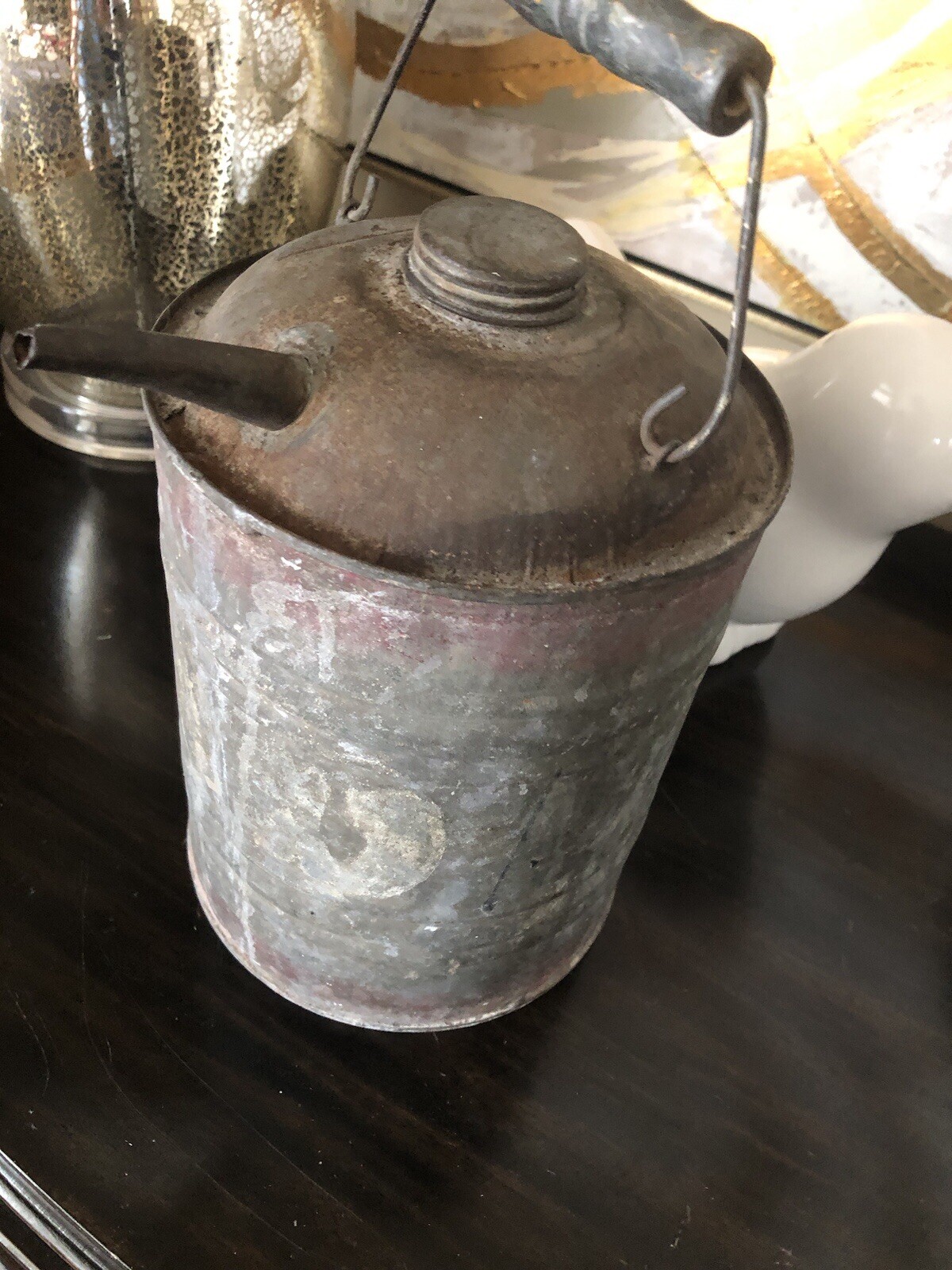 Vintage Galvanized 1 Gallon Gas Oil Kerosene Can woodenHandle for Display only