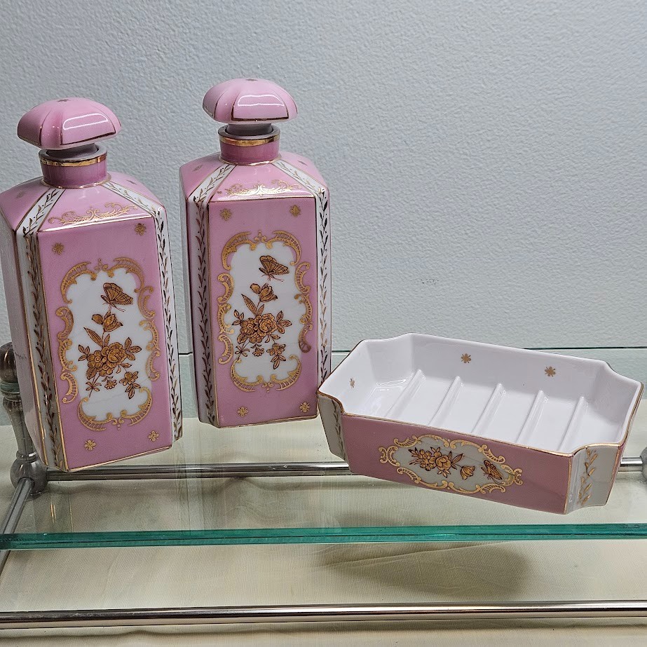 Shafford Rose D’or #3408 & #3410 Rare Pink Gold Vanity Porcelain Set 3 Pieces