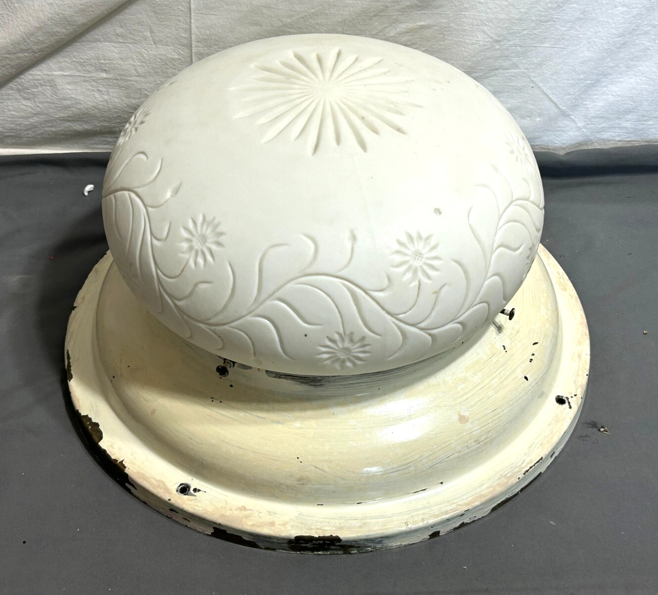 16″ Brass MILK GLASS ART DECO Flush Ceiling Light Fixture KITCHEN Hall BEDROOM
