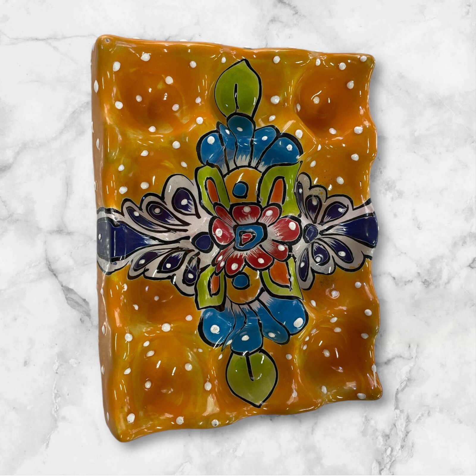 Talavera Egg Holder 12 Eggs Hand Painted Mexican Pottery 8 x 6 inches-Yellow-