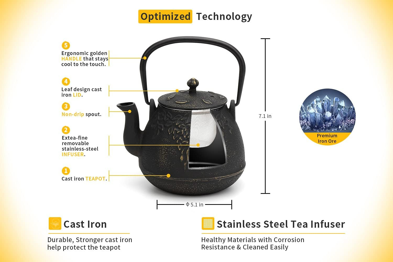 Tea Kettle, TOPTIER Japanese Cast Iron Tea Pot for Stove Top, Cast Iron Teapot H