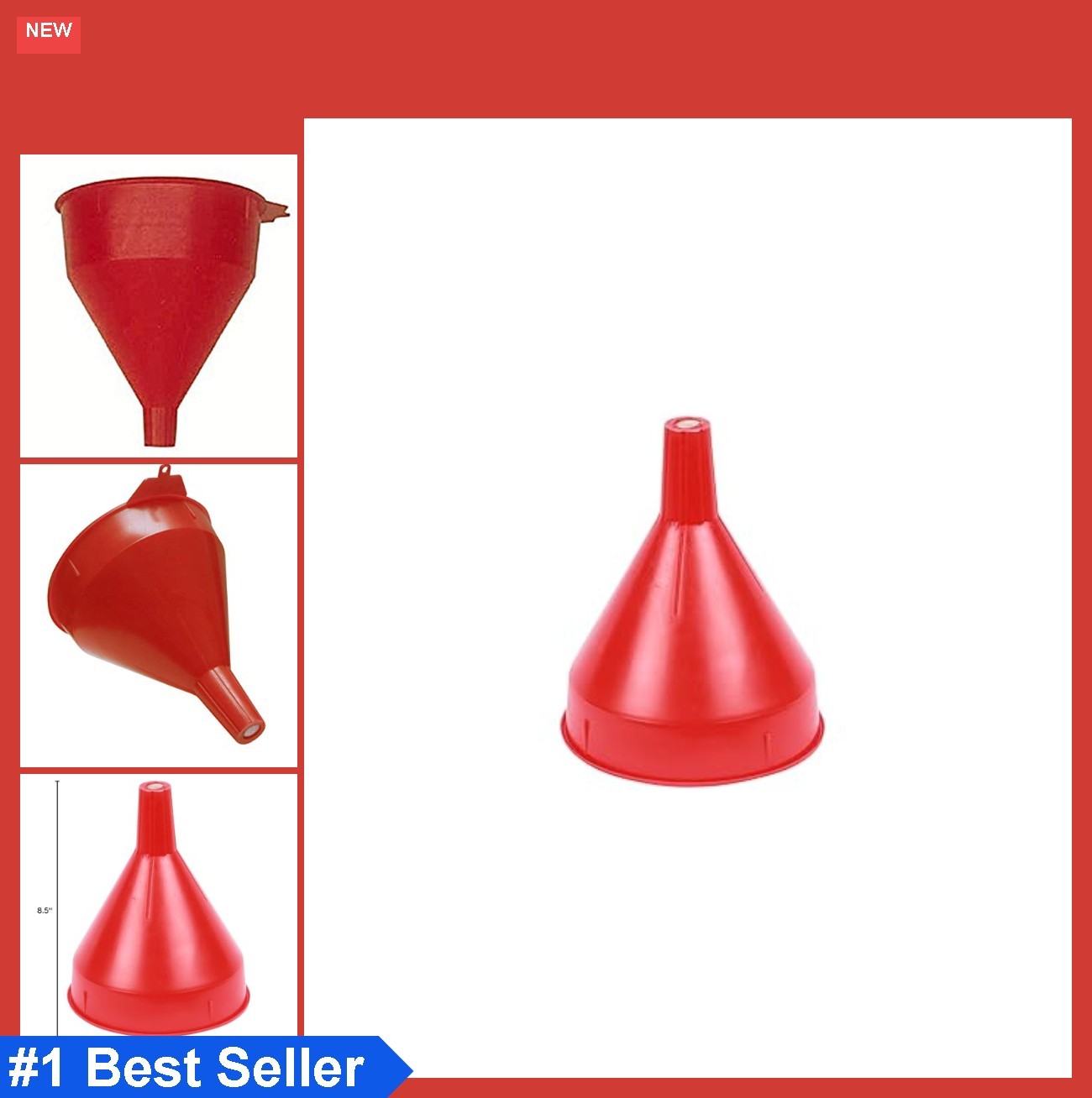 Funnel 2 Quart Capacity HDPE Red with 60 Micron Strainer for Oil Fuel Gas