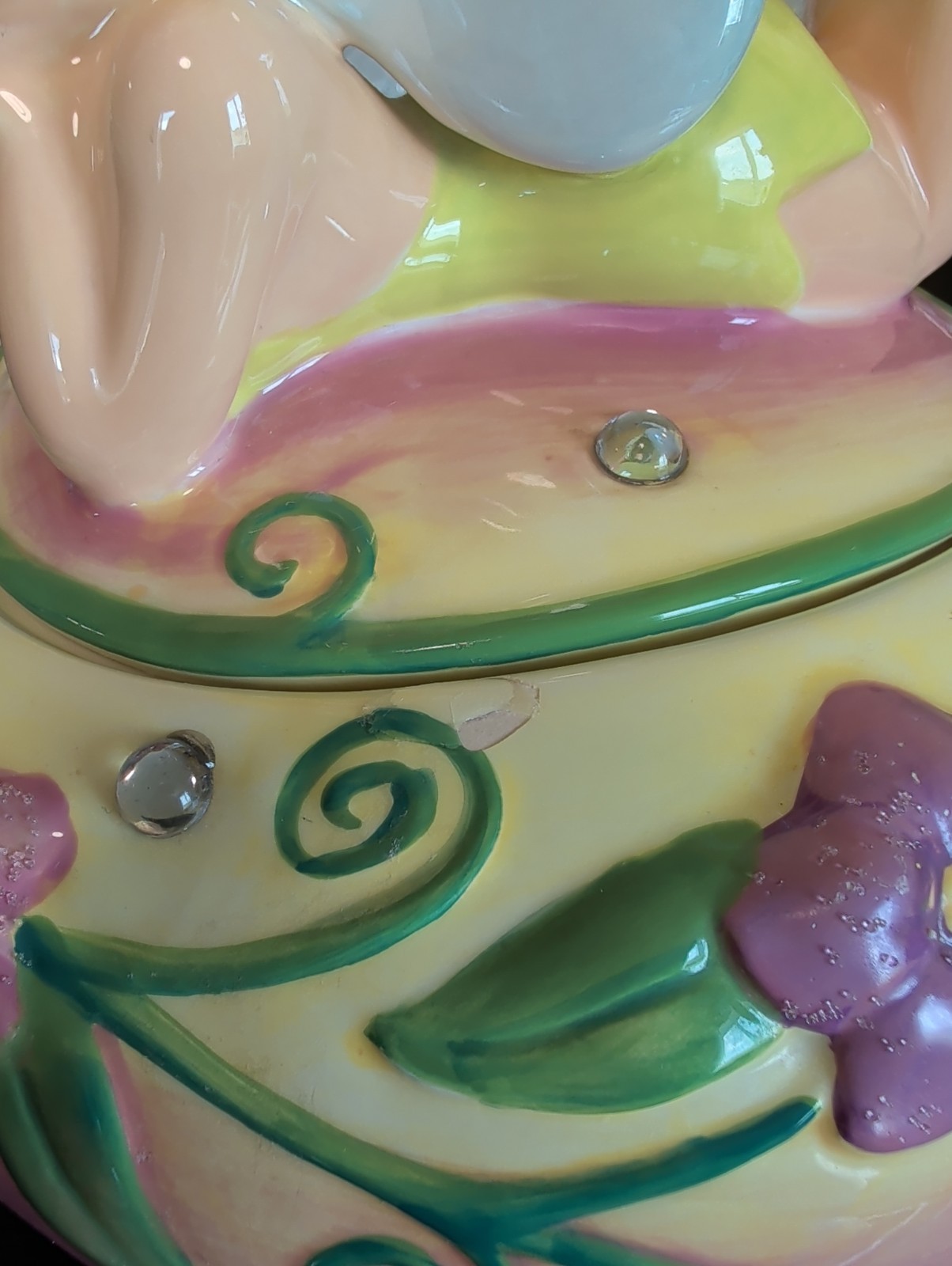 DISNEY TINKER BELL ON A MAGIC MUSHROOM WITH JEWELS & FLOWERS COOKIE JAR 11″ TALL