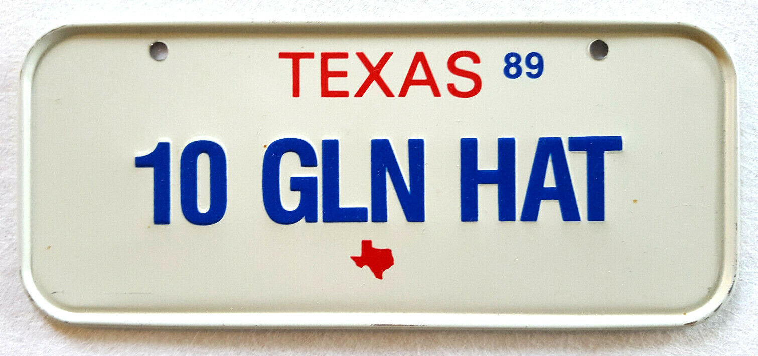 Vtg 89 Texas BICYCLE LICENSE PLATE-10 GLN HAT-Bike-Metal-Embossed-White
