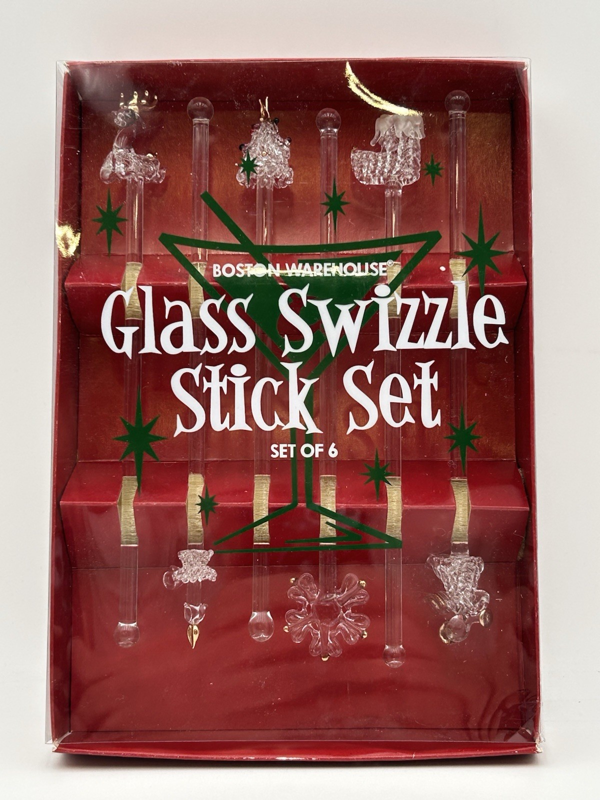 Vintage Christmas Glass Swizzle Sticks Boston Warehouse Set of (6) 2002