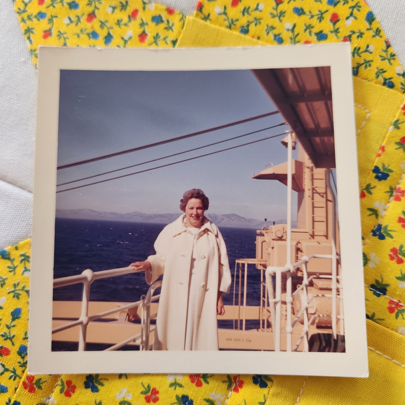 VTG 1960s Color Snapshot Photo Woman Boat Ship Cruise Ocean Mountains Kodak