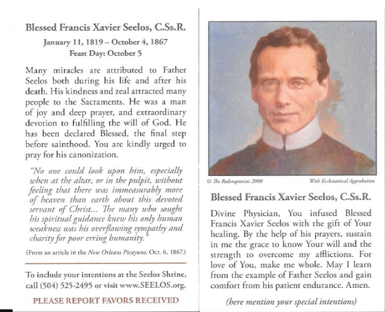 Blessed. Francis Xavier Seelos, C.Ss.R. Prayer Card – Paper stock