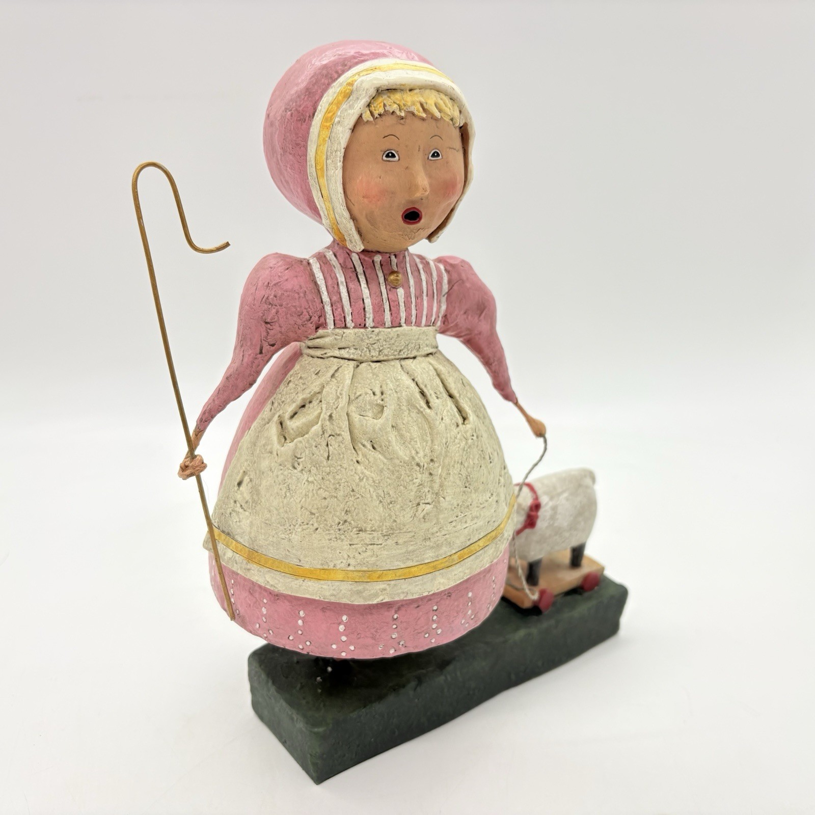 Lori Mitchell Girl Bo Peep Costume Sheep Pull Toy 10.5″ Figurine Folk Art Signed