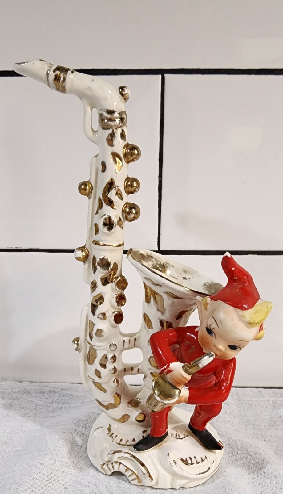 Vintage 1950s Lipper And Man Red Pixie Elf Playing Saxaphone