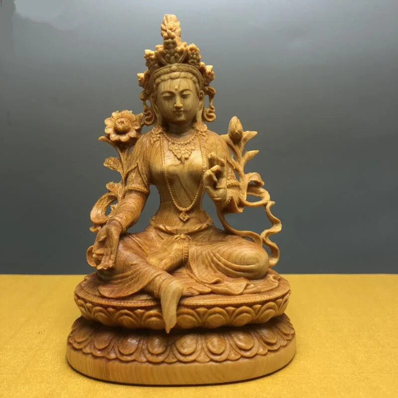 10.8cm Handmade Buddhist Boxwod Green/White Tara Buddha Carving Collect Wealth