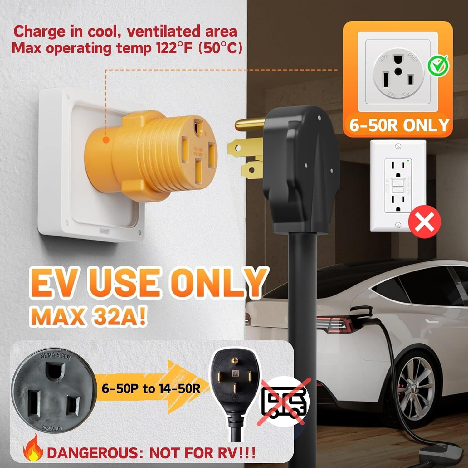 NEMA 6-50P to 14-50R EV Charger Adapter for 50A 250V 3-Prong Welder Outlet (Not