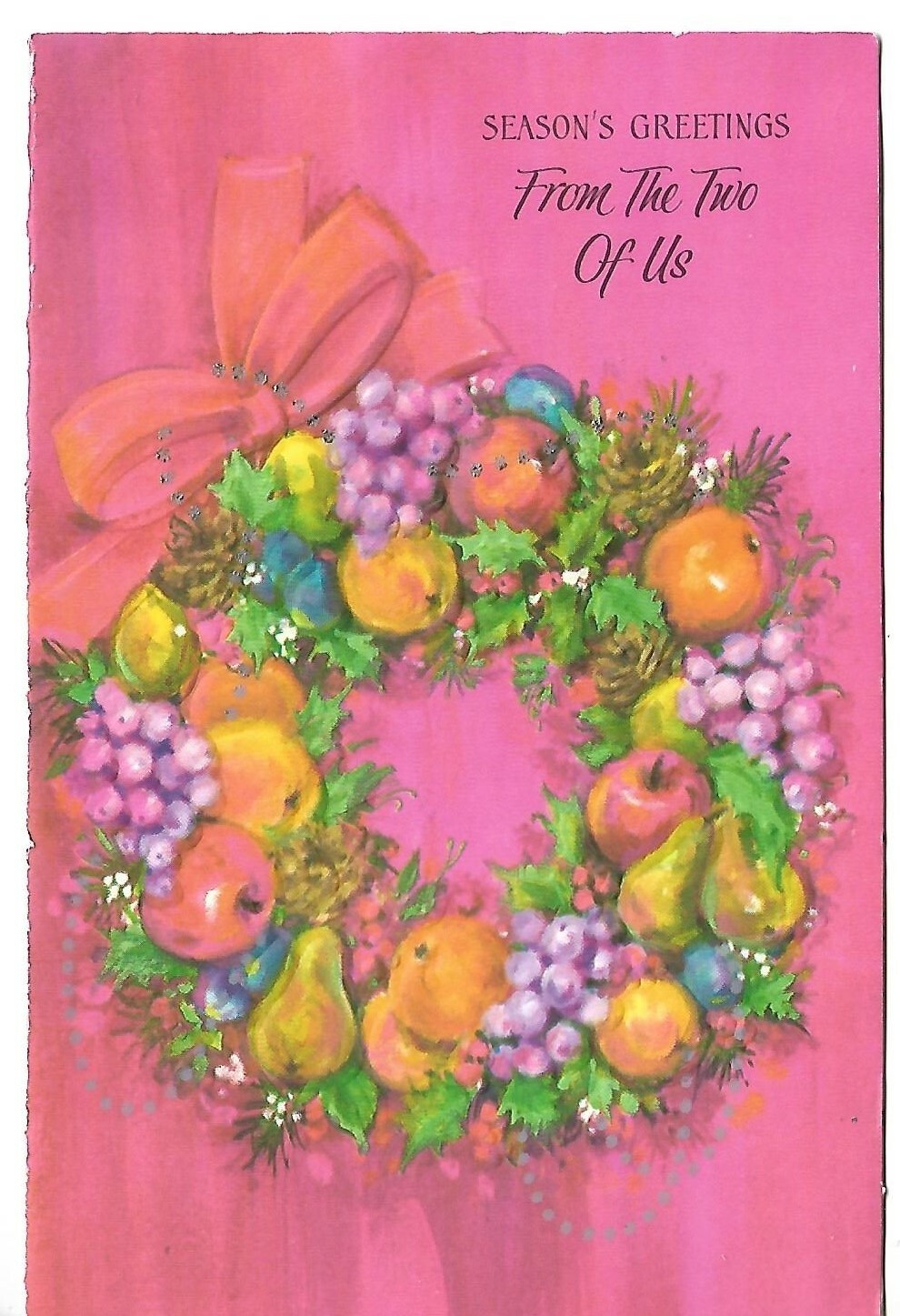 Christmas Card approx 7 x 4.5″ – Pink Card with Colorful Wreath