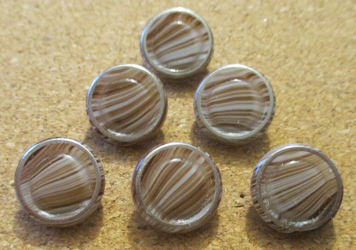 6 – Czech Glass White/Brown Striped on Round Buttons – Silver Border – 16.98mm