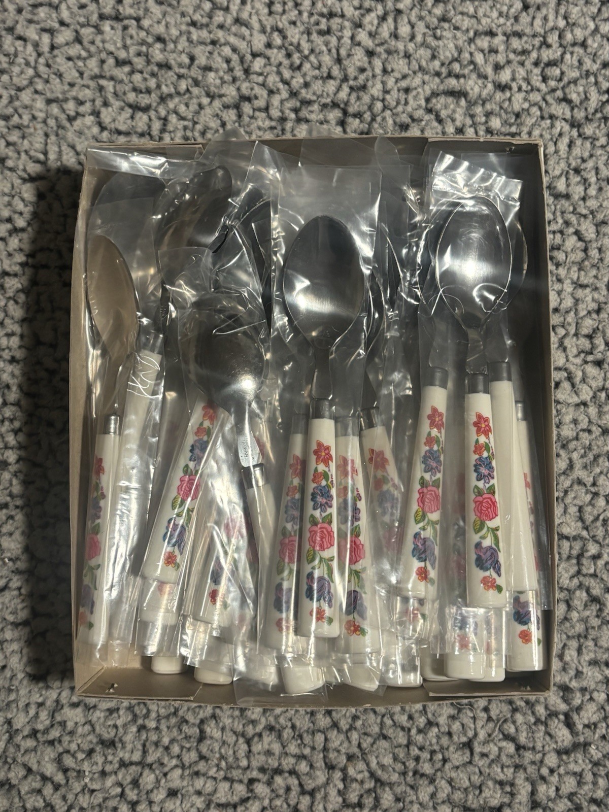 50 Piece ABS Handle Stainless Flatware Colorful Floral Pattern ~ Brand New NOS