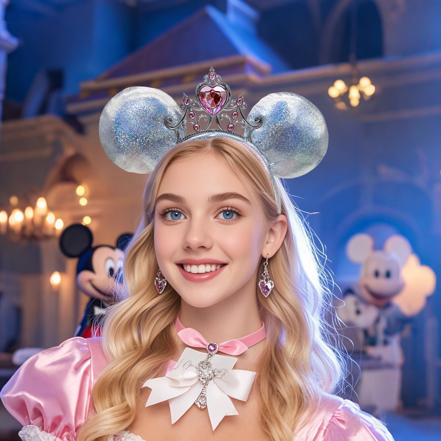 Disney Parks Iridescent Pink Heart Tiara Mickey Princess Minnie Ears Headband