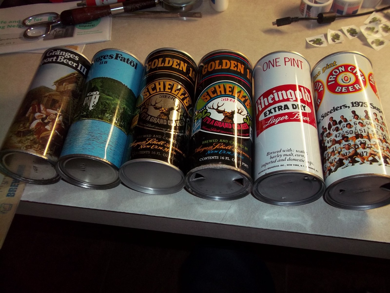 6 Vintage 16 Ounce STRAIGHT STEEL BEER CANS – Iron City, Schell’s, Granges, ETC
