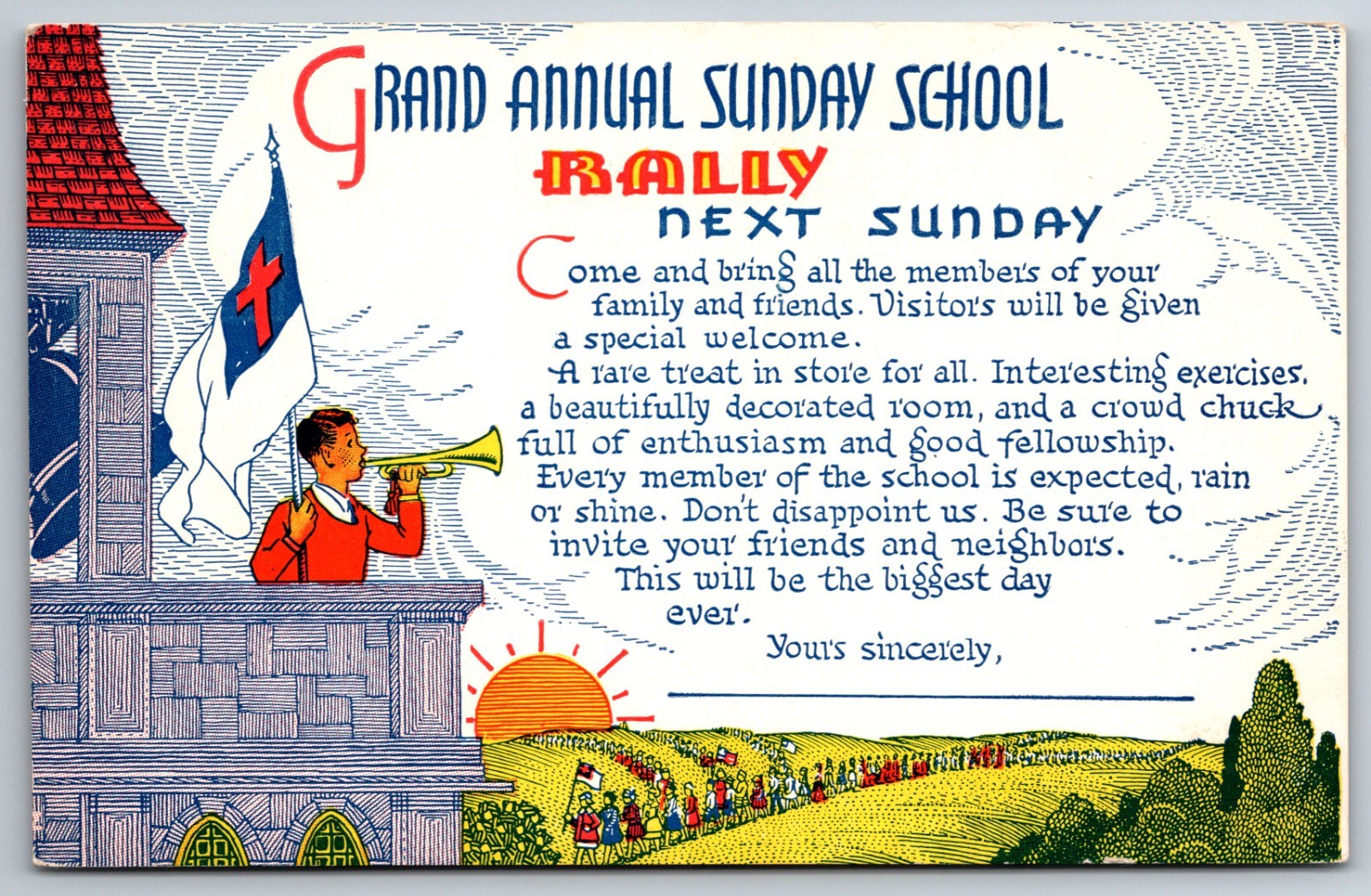 Rally Day Grand Annual Sunday School Boy Trumpet Christian Flag Unused Postcard