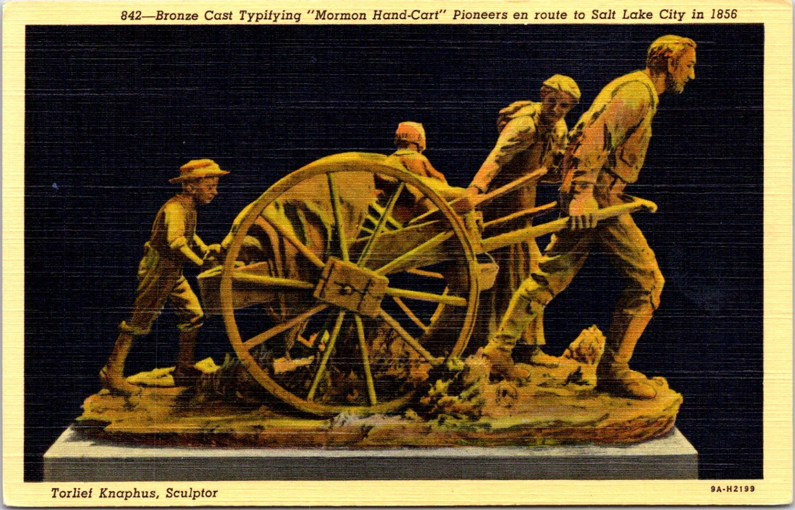Mormon Hand Cart Bronze Casting Torleif Knaphus Sculpture Utah Postcard E28