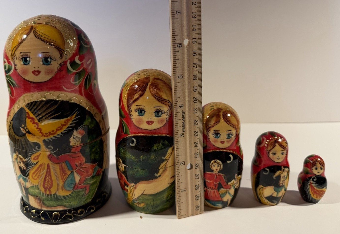 Hand Painted Wooden Matryoshka Nesting Dolls 5 Pc 7in Horse Fairytale Folk Art