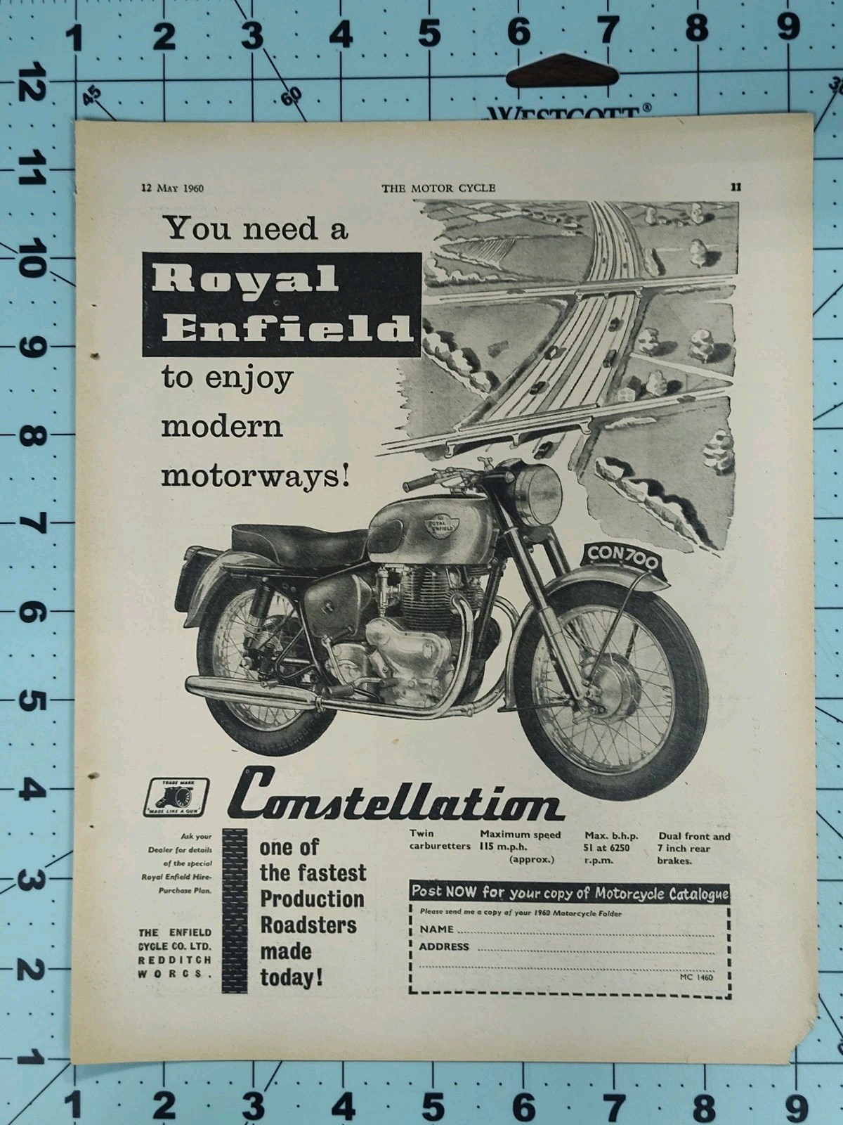 1960 Royal Enfield Constellation 700cc Motorcycle Print Ad Original UK Redditch
