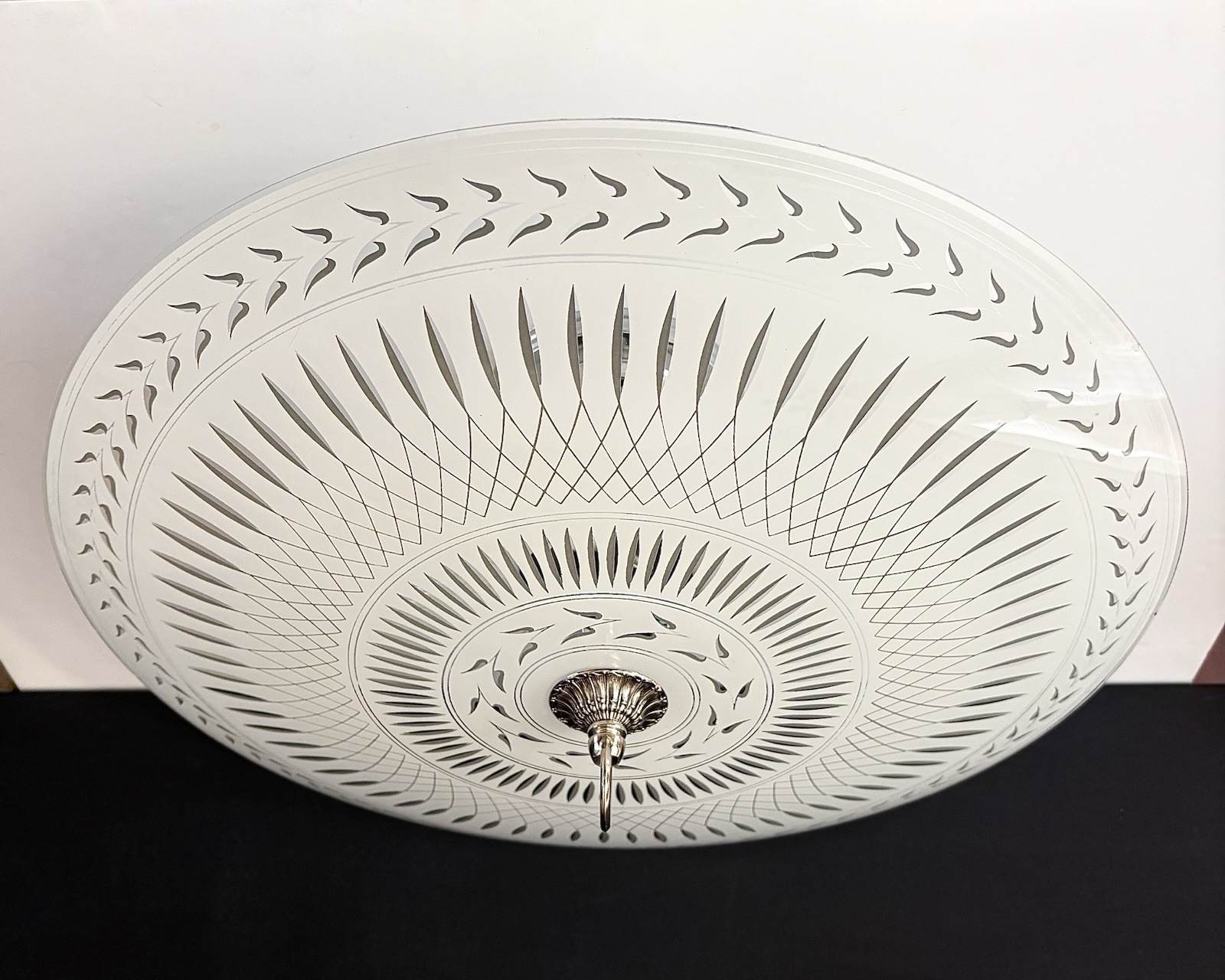 Vintage Large 19” Diameter Art Deco Gatsby White Chrome Ceiling Light Fixture