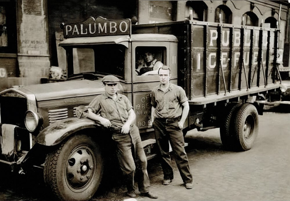 Three Workmen around Palumbo Ice & Coal truck 1920s reprint