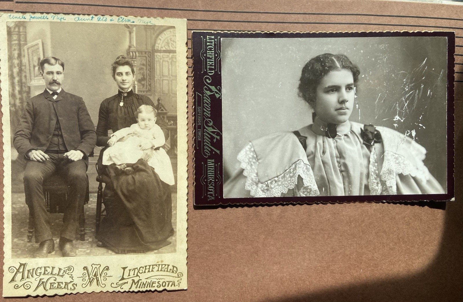 2 Cabinet Card 1800’s Litchfield MN Bacon Studio Angel Weeks Elva Nye Victorian