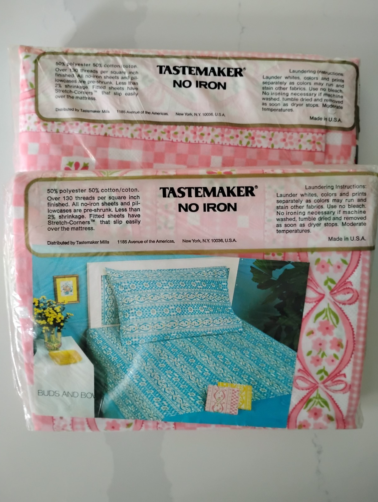 VintageTastemaker Full Flat & Fitted Sheet Set Pink Floral Cottage NOS