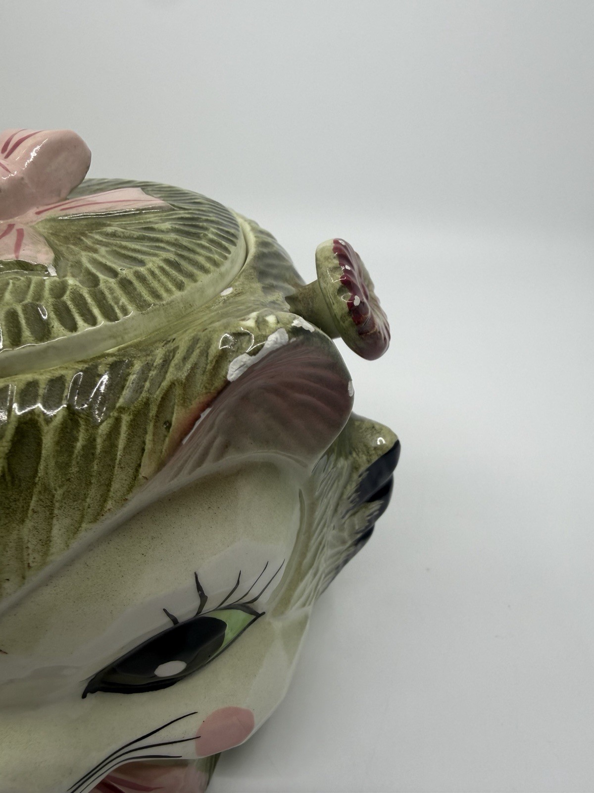 Vtg 50s Pacific Japan Kitschy Anthropomorphic Cat Tea Set Green W Pink Bow