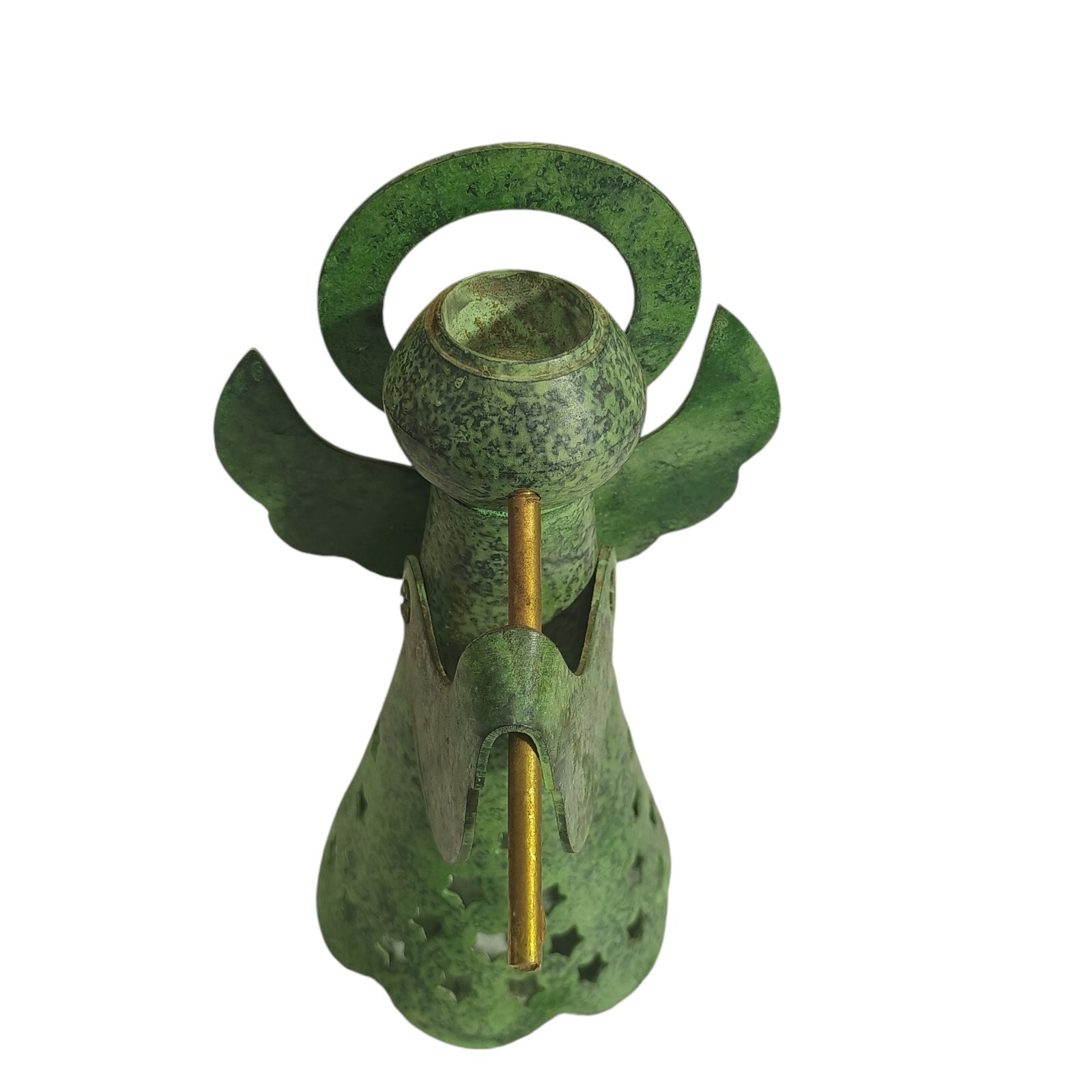 Archana Crafts Handmade Green Cast Metal Angel w/ Horn Candle Holder 7.5″ India