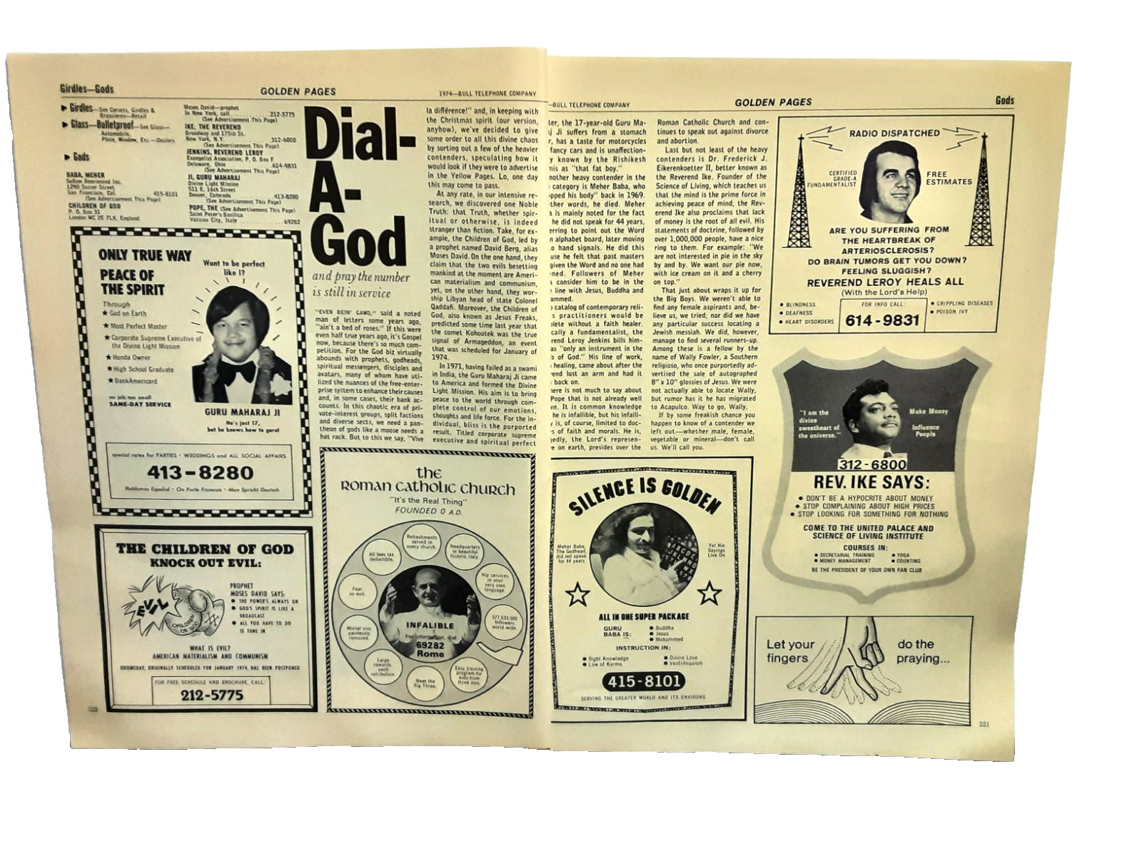1974 Dial A God 2 Page Vintage Print Article Religion Faith Humor Satire