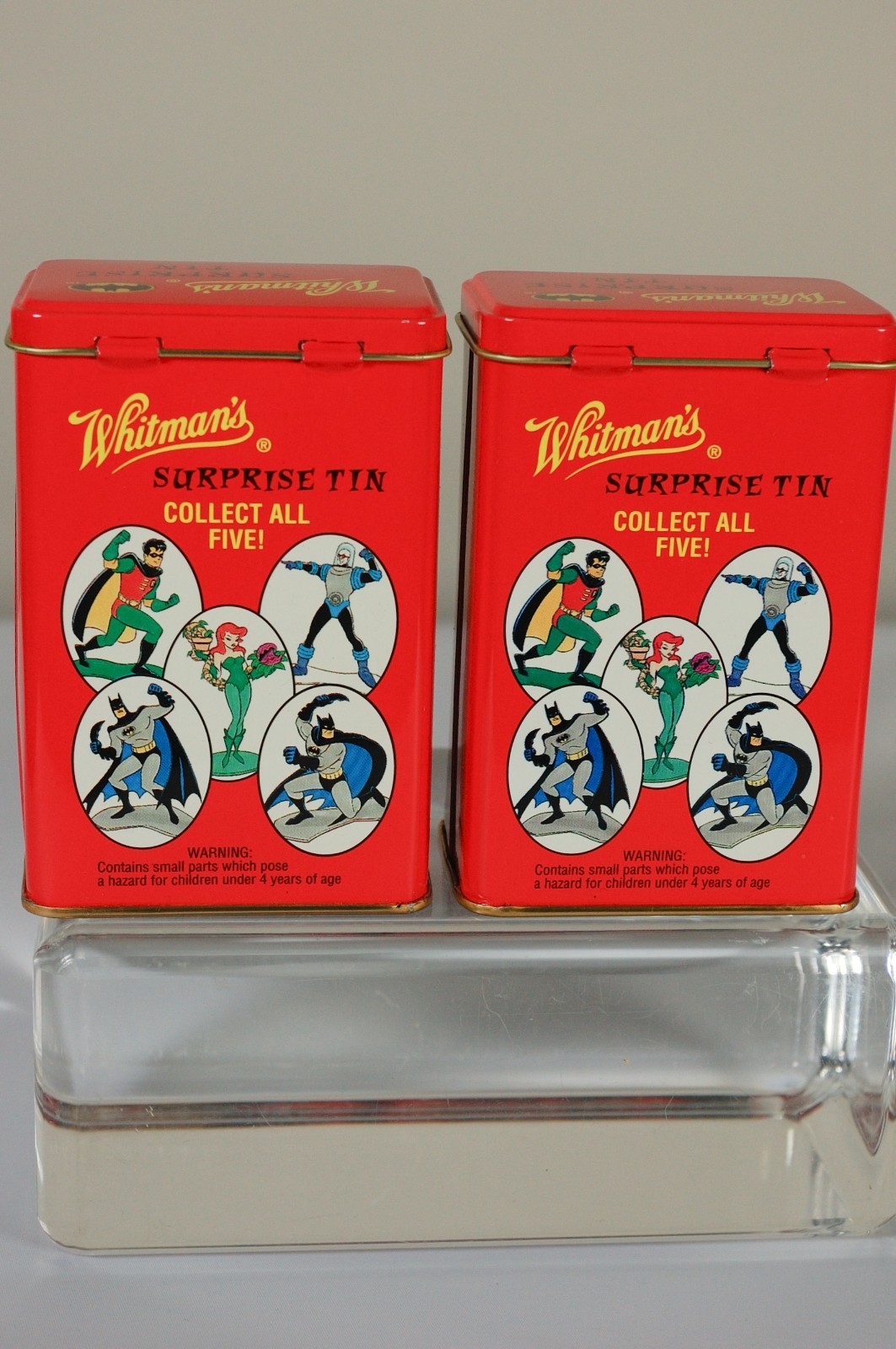 Set of 2 Vintage Whitmans Surprise Tins Batman & Robin 1997 all contents intact!