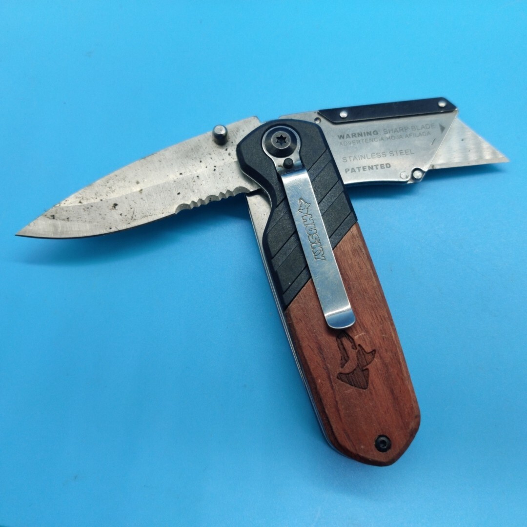Husky 2 Blades Dual Edge Clip Point Folding Knife Liner Lock & Pocket Clip 0116a